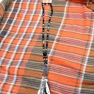 Black stone w/beads, tassel necklace